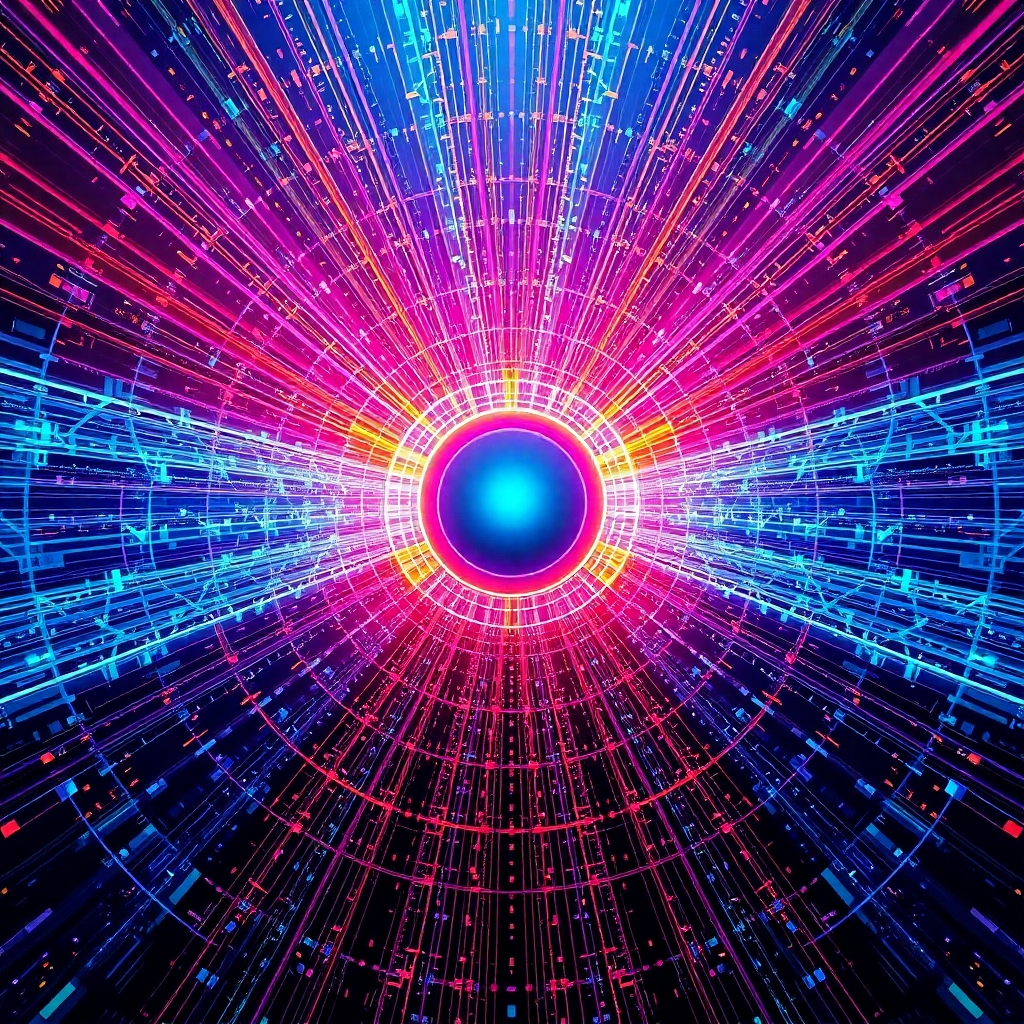 A stylized image representing sound frequencies emanating from a central source, creating intricate patterns and vibrations. The colors are vibrant and dynamic, reflecting the energetic nature of sound. The style is abstract and futuristic, emphasizing the technological aspect of sound healing. 4K resolution.