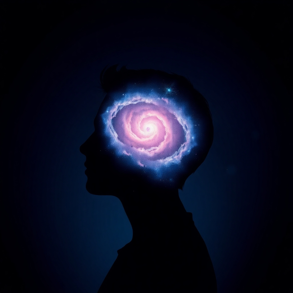 A stylized image representing visualization and manifestation. Imagine a person's silhouette with their head filled with a vibrant, swirling galaxy, symbolizing infinite possibilities. The background is dark and mysterious, emphasizing the vastness of the universe. The overall color palette is cool and calming, with hues of blue and purple. The style should be abstract and ethereal. Consider incorporating subtle visual effects, such as glowing stars and nebulas, to enhance the cosmic quality of the image. Technical specs: High-quality rendering, smooth gradients.