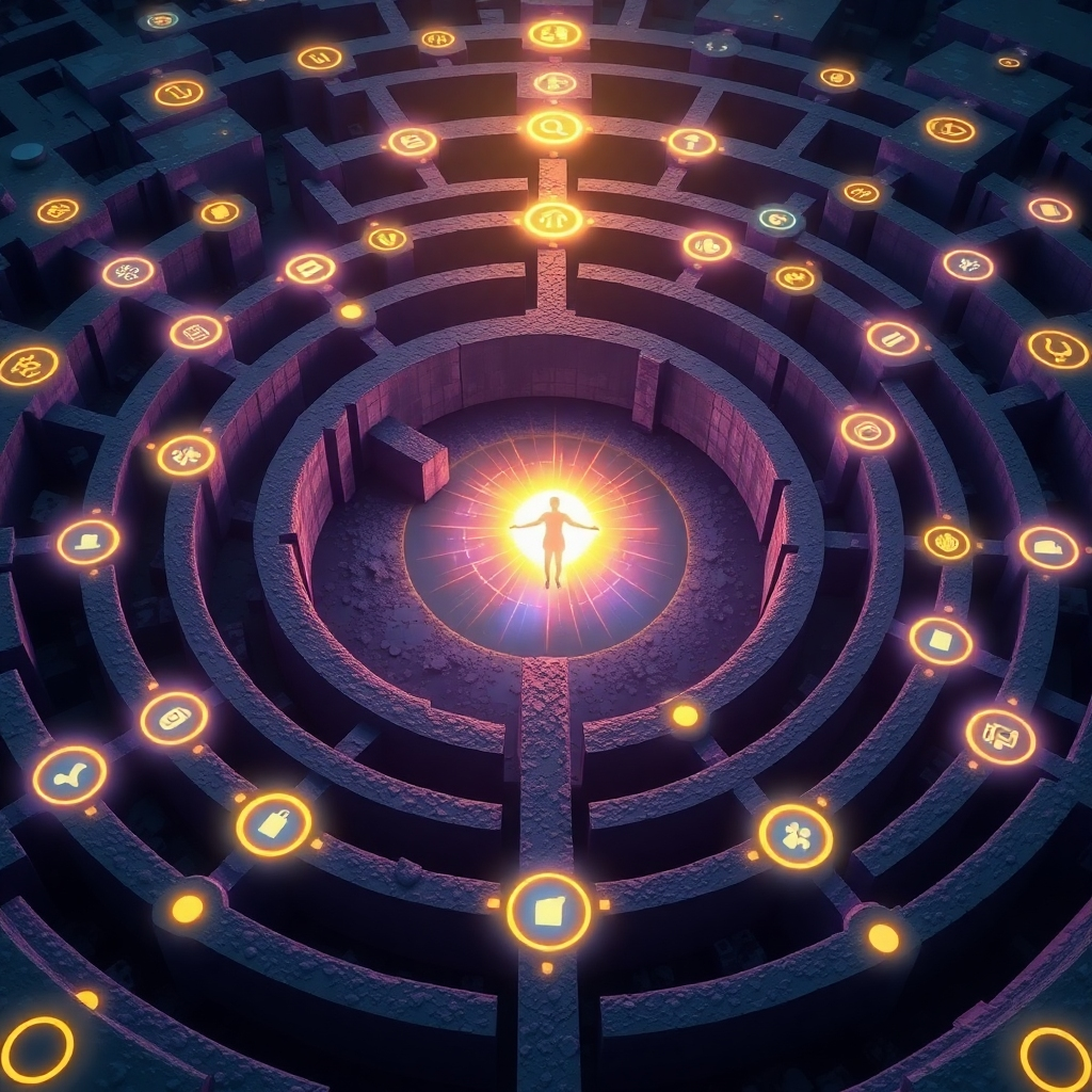 A stylized image representing a labyrinth of interconnected pathways, each path illuminated with glowing symbols and codes. At the center of the labyrinth is a radiant figure, embodying enlightenment and self-discovery. The color palette utilizes deep blues, purples, and golds to create a sense of mystery and intrigue. A slightly elevated camera angle provides an overview of the intricate network, highlighting the journey towards inner wisdom. Texture details should emphasize the ancient and mystical nature of the labyrinth. The environment is a blend of natural and digital elements, suggesting a fusion of ancient wisdom and modern technology. Stylistically inspired by symbolic art and sacred geometry, rendered in 4K resolution for clarity and depth.