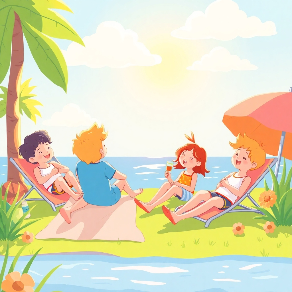 A stylized image showcasing children relaxing on a sunny weekend.  The style should be bright, cheerful, and cartoonish, like an illustration in a children's book. Use soft, warm colors and plenty of light to evoke feelings of warmth and relaxation.