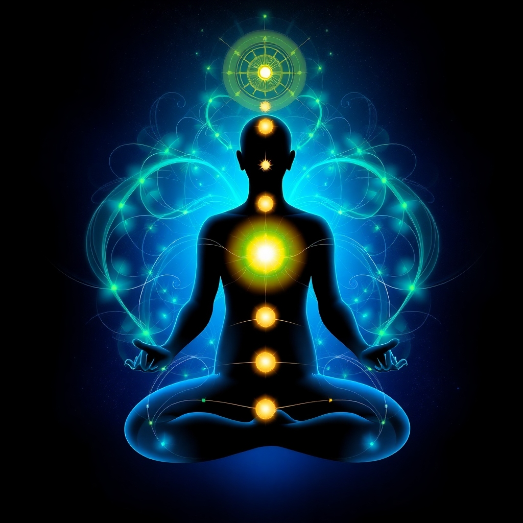 A stylized image showcasing interconnected pathways of light within a human silhouette. The silhouette is in a meditative pose, with light swirling around the heart and crown chakra areas. Colors should be vibrant and energetic, focusing on blues, greens, and yellows. The background is a dark, cosmic space with subtle nebula patterns. The overall effect is one of energy flow, transformation, and inner connection. Style references: abstract, spiritual, vibrant. Technical specs: 4K resolution, high quality, dynamic lighting.