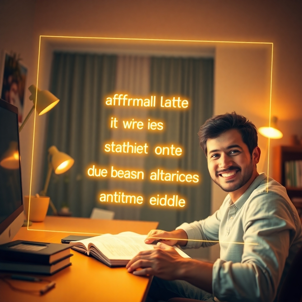 A stylized image showcasing positive affirmations projected onto a holographic display in front of a person studying at their desk. The affirmations are glowing and vibrant. The person is smiling and engaged with their learning material. The setting is a modern, inspiring home office. The color palette uses warm, inviting tones like gold, orange, and yellow. Camera angle is eye-level, capturing the person's positive expression. Style: Motivational and futuristic.