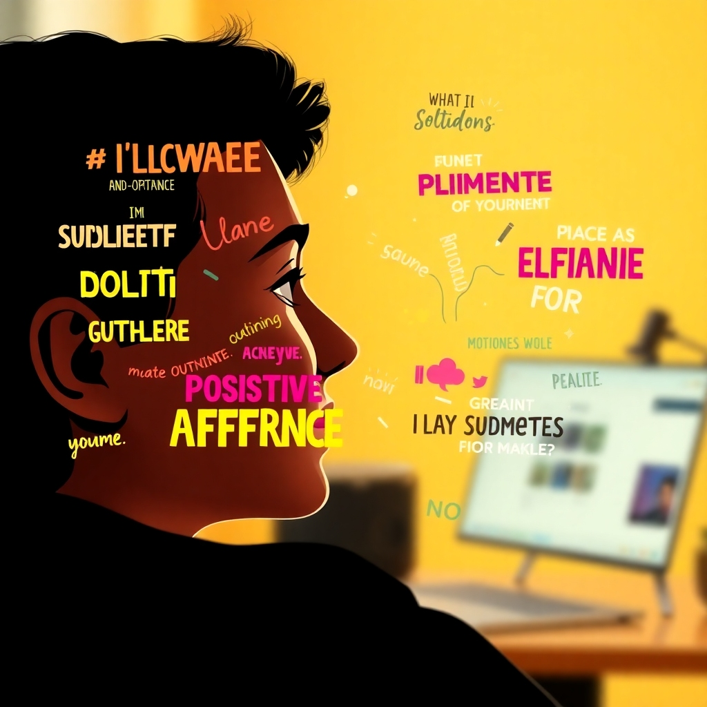 A stylized image showing a person looking at a screen filled with uplifting visual affirmations. The affirmations are depicted as dynamic, vibrant words and images that radiate positive energy. The person's face reflects a sense of growing confidence and self-assurance. The background is a softly blurred image of a successful remote worker enjoying their work. The color palette should be bright and cheerful, using a mix of yellows, pinks, and greens to evoke feelings of happiness and optimism.