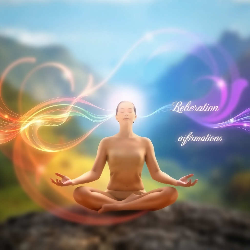 A stylized image showing a person meditating with sound waves and affirmations swirling around them. The sound waves are depicted as colorful, flowing ribbons of light. The affirmations are written in elegant script and glow with a soft, ethereal light. The person is radiating a sense of peace and tranquility. The background is a blurred landscape of nature. Use a wide angle lens to capture a bigger environment. The style should be abstract and evocative, conveying a sense of harmony and balance. The color palette should be vibrant and uplifting, conveying a sense of joy and well-being. This image should evoke feelings of peace, focus, and energy. 4k resolution.