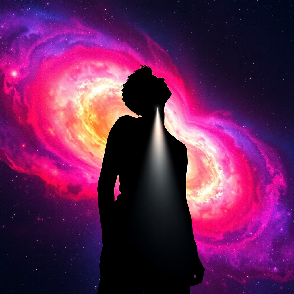 A stylized image showing a person silhouetted against a vibrant, swirling galaxy background. From their throat area emanates a beam of light, symbolizing the release of their inner voice. The colors of the galaxy should be rich and diverse, representing the potential within. The style should be abstract and evocative, conveying a sense of wonder and possibility. Consider adding subtle visual cues to emphasize the activation of the inner voice, such as musical notes or symbolic imagery. The camera angle should be slightly low, looking up at the silhouette to emphasize their power and potential. This image should evoke feelings of inspiration, liberation, and self-discovery. 4k resolution.