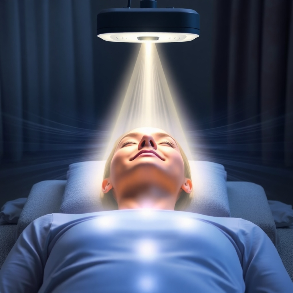 A stylized image showing a person lying down receiving a frequency healing session. Light and sound waves are emanating from a device above them, enveloping their body in a cocoon of healing energy. The person's expression is relaxed and peaceful. The background is a serene and dimly lit room, creating a sense of safety and tranquility.