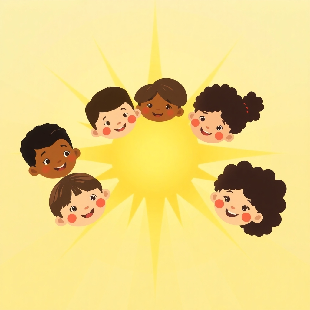 A stylized image showing a radiating sun or star, with gentle rays of light extending to children of diverse backgrounds. Each child should have a confident and happy expression. The palette should include warm, comforting colors like golds, yellows, and oranges, creating a feeling of warmth, happiness, and growth. The style should be uplifting and positive, referencing artwork seen in children's books or illustrations. The resolution should be 4K for high-quality detail and clarity. The image should convey a sense of growth, confidence, and peace.