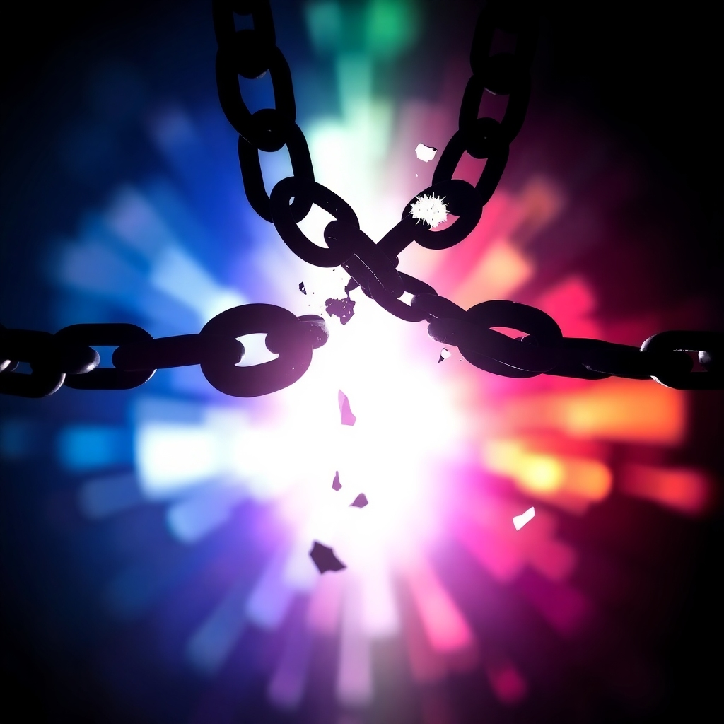 A stylized image showing chains breaking apart, symbolizing the release of limiting beliefs. Behind the breaking chains, a bright light shines through, representing new opportunities and potential. The color palette is dark initially, transitioning to bright and vibrant colors as the chains break. The camera angle is dramatic, focusing on the breaking chains. Style: Symbolic and transformative.