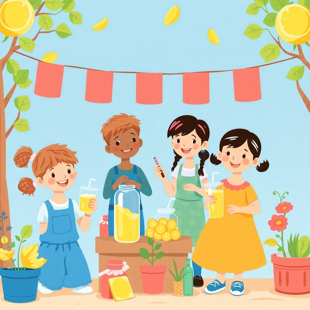 A stylized image showing diverse children creatively engaged in projects that earn them money (lemonade stand, handmade crafts).  The art style should be friendly and engaging for children.  Bright and cheerful colors.  4K resolution, focus on joyful expressions and creative activities.