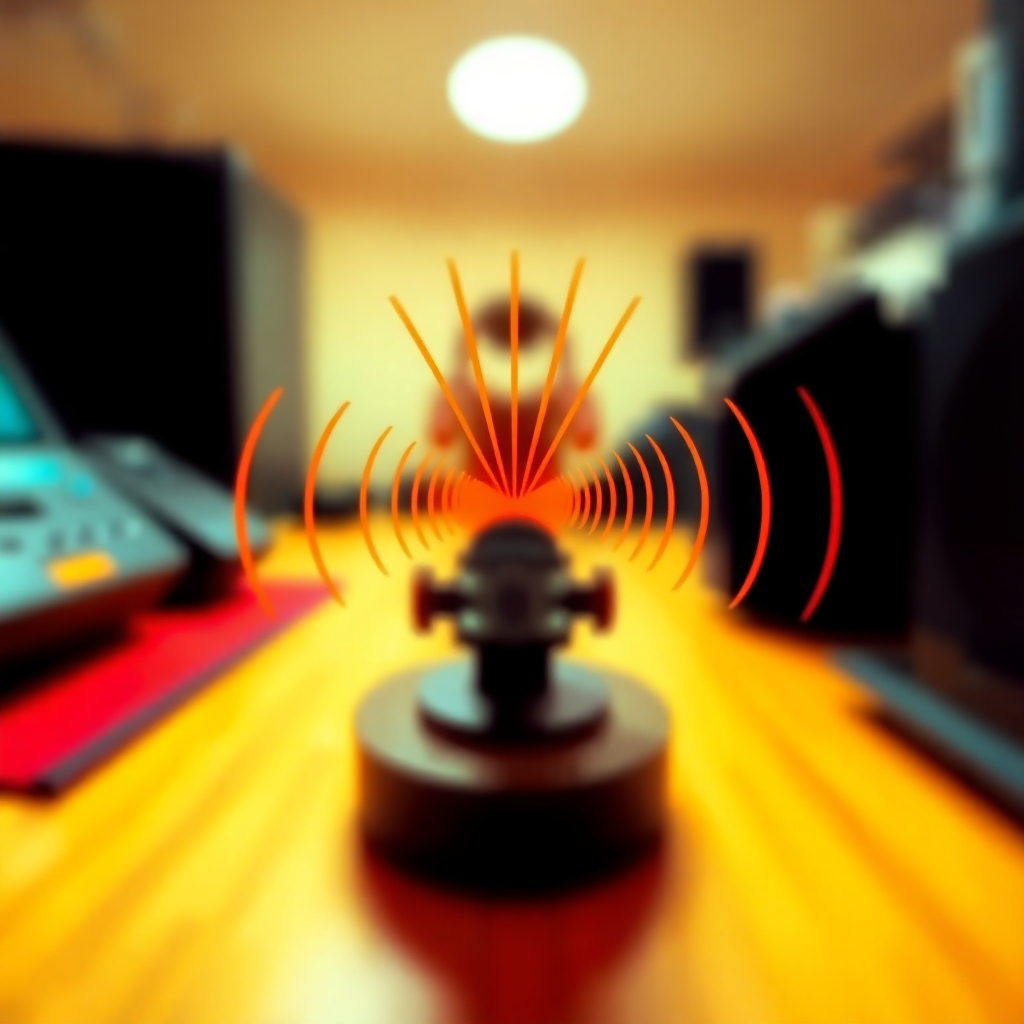 A stylized image showing sound waves converging on a central point, representing enhanced focus and concentration. The background is blurred and indistinct, symbolizing distractions fading away. The color palette is bright and energizing, using tones of yellow, orange, and red. Camera angle is dynamic, focusing on the convergence of sound waves. Style: Dynamic and energizing.