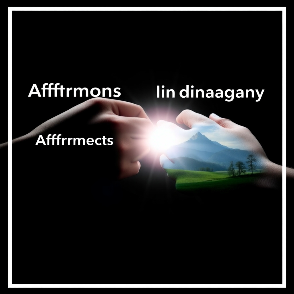 A stylized image showing two hands connecting, one representing affirmations (text) and the other representing mental imagery (a landscape). A bright light emanates from the point of connection. Style: Symbolic and powerful. Camera angle: Close-up of the connecting hands.