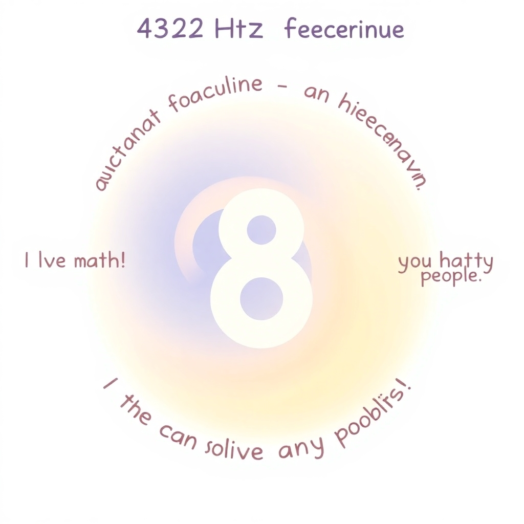 A stylized image with a calming 432Hz frequency visualization – a soft, swirling, pastel-colored wave – forming the number eight in the center. Around the number, positive affirmations like "I love math!" and "I can solve any problem!" are written in a friendly, child-like font. The color palette is light, airy, and pastel, promoting serenity and positivity. The style should be illustrative, suitable for children. The resolution should be 4K.