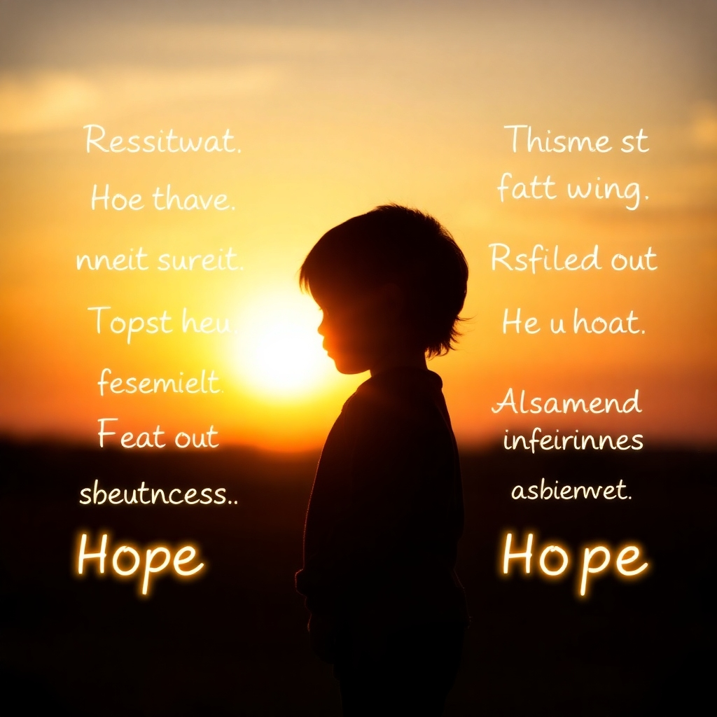 A stylized image with a child's silhouette against a sunrise background. Positive affirmations are softly written around the silhouette in glowing letters.  The image utilizes soft and warm colors, evoking hope and positivity.  The texture should be soft and dreamy, creating a positive and encouraging feeling. High resolution is needed. This scene should suggest the positive effect of affirmations.