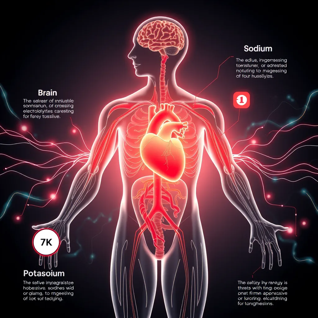 A stylized infographic illustrating the human body with highlighted areas representing the heart, muscles, and brain, surrounded by flowing lines representing electrolytes like sodium, potassium, and magnesium.