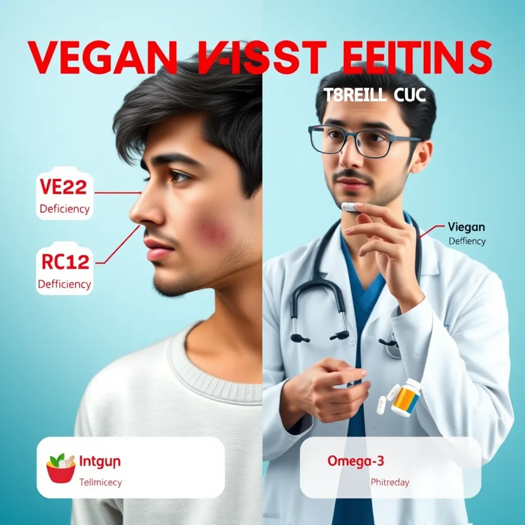 A stylized infographic showcasing a person with a vegan diet on one side, experiencing symptoms of vitamin B12 deficiency, iron deficiency, and omega-3 deficiency. On the other side, a pharmacist is dispensing various medications for these deficiencies. The background should be a light blue gradient, symbolizing a medical setting.