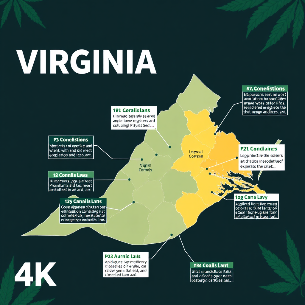 A stylized map of Virginia highlighting areas with different cannabis laws and regulations. Focus on clarity and informativeness. 4k resolution, graphic design style.