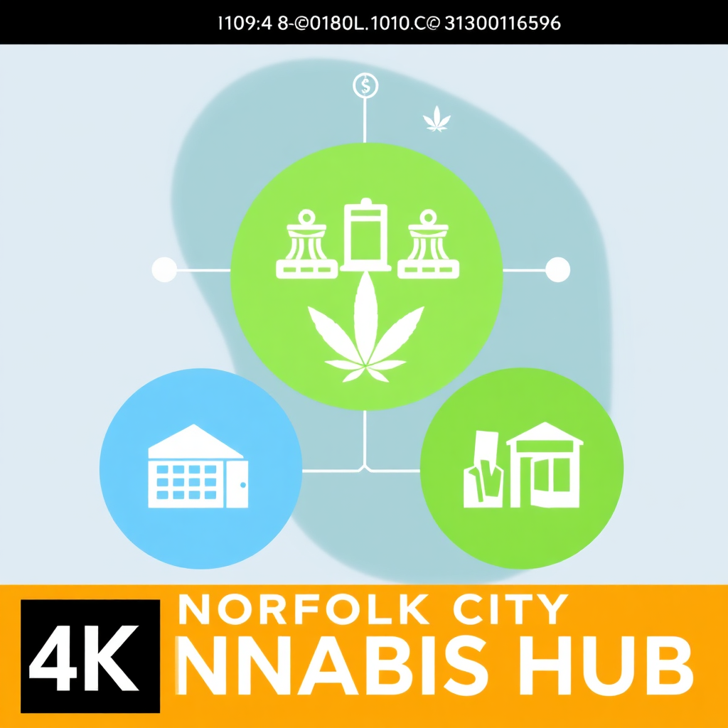 A stylized, modern illustration representing the Norfolk City Cannabis Hub's mission. The image should feature interconnected icons symbolizing laws, dispensaries, community, and knowledge. Use a color palette of greens, blues, and purples to evoke a sense of calm and trustworthiness. The composition should be clean and geometric, with a focus on clarity and simplicity. Consider incorporating subtle cannabis leaf motifs into the design. The style should be accessible and inviting, reflecting the hub's commitment to providing clear and concise information. Render in 4K resolution with high-quality detail, ensuring sharpness and visual appeal.