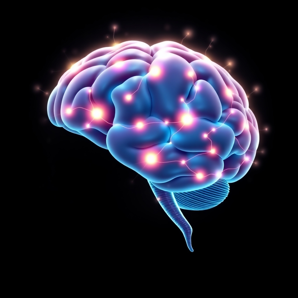 A stylized representation of a brain with glowing connections, emphasizing enhanced cognitive function. Use bright, energetic colors to represent mental stimulation.