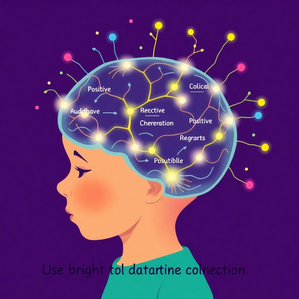 A stylized representation of a child's brain with interconnected pathways lighting up. Sound waves and positive affirmations are visually entering the brain, creating new and positive connections. Use bright and vibrant colors.