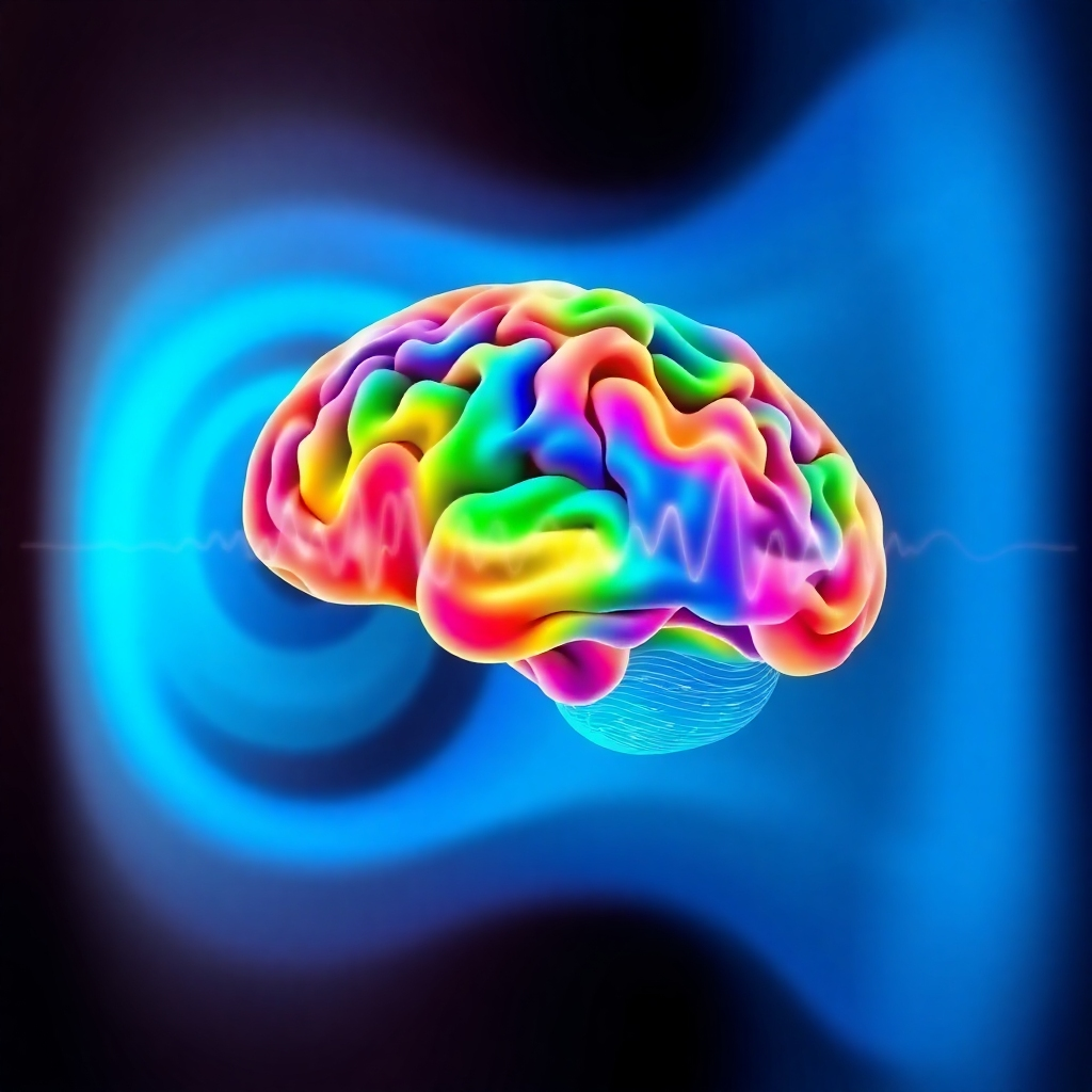 A stylized representation of brainwave patterns, shifting and changing in response to different frequencies. The colors are vibrant and dynamic, reflecting the changing states of mind.