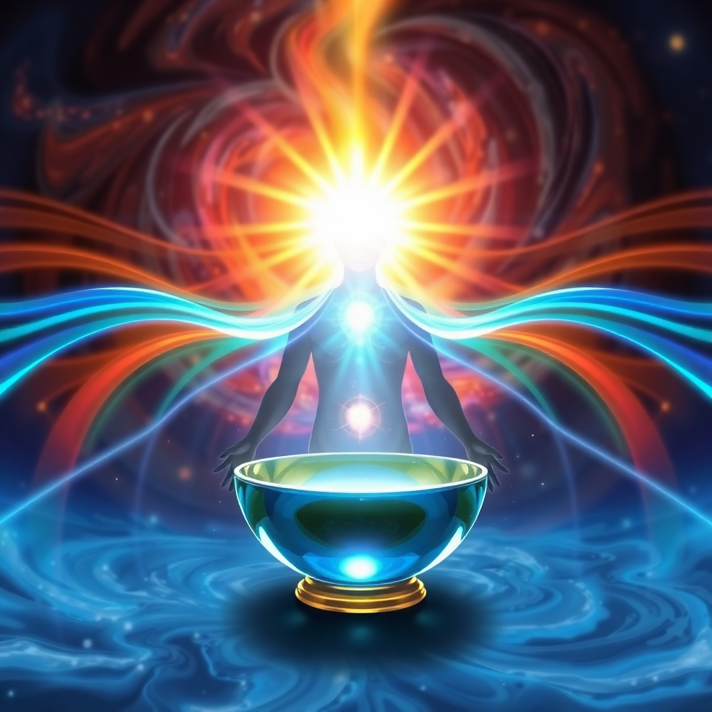 A stylized representation of sound waves emanating from a crystal bowl, creating a vibrant and harmonious pattern of light and color. The waves intersect with the human body, dissolving areas of darkness and tension, and replacing them with radiant energy. The background is a swirling vortex of cosmic energy.