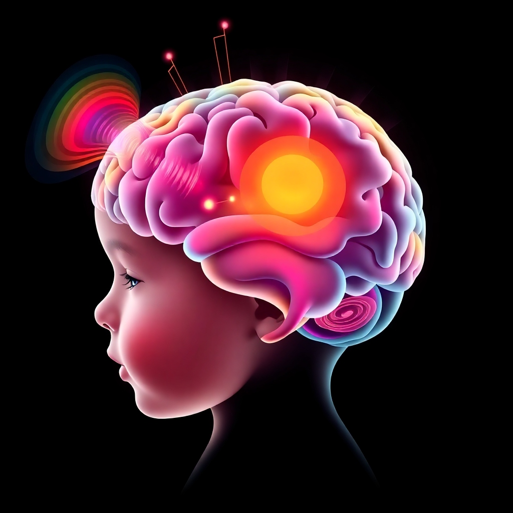 A stylized representation of sound waves interacting with a child's brain, highlighting areas associated with memory and learning. The sound waves are colorful and dynamic, representing different frequencies. Style: Abstract and scientific, using visualizations of brain activity. Technical specs: 4k, high quality, detailed.