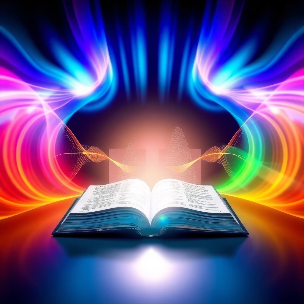 A stylized representation of sound waves interacting with a KJV Bible. The Bible is depicted as a source of light, and the sound waves are visualized as vibrant, colorful patterns that flow and expand from the Bible. The style is abstract and modern, with a focus on the interplay of light and color. 4K Resolution.