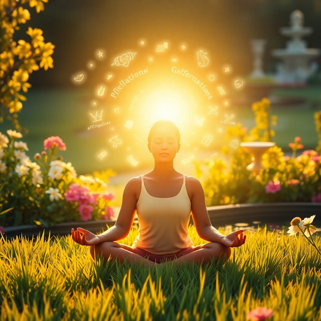 A stylized, uplifting image representing the core values of Positive Affirmations Frequency. Depict a person meditating in a peaceful garden, bathed in golden sunlight. Above their head, visualize positive affirmations as glowing, swirling symbols that gently enter their mind. The garden is lush and vibrant, filled with blooming flowers and serene water features. The overall color palette is warm and inviting, featuring hues of gold, green, and blue. The camera angle is a medium shot, focusing on the person's face and the affirmations swirling above. Texture details include the soft texture of the grass, the smooth texture of the water, and the radiant texture of the affirmations. Style reference: a blend of realistic portraiture and symbolic imagery. 4K resolution, high quality, conveying a sense of peace, healing, and personal growth.