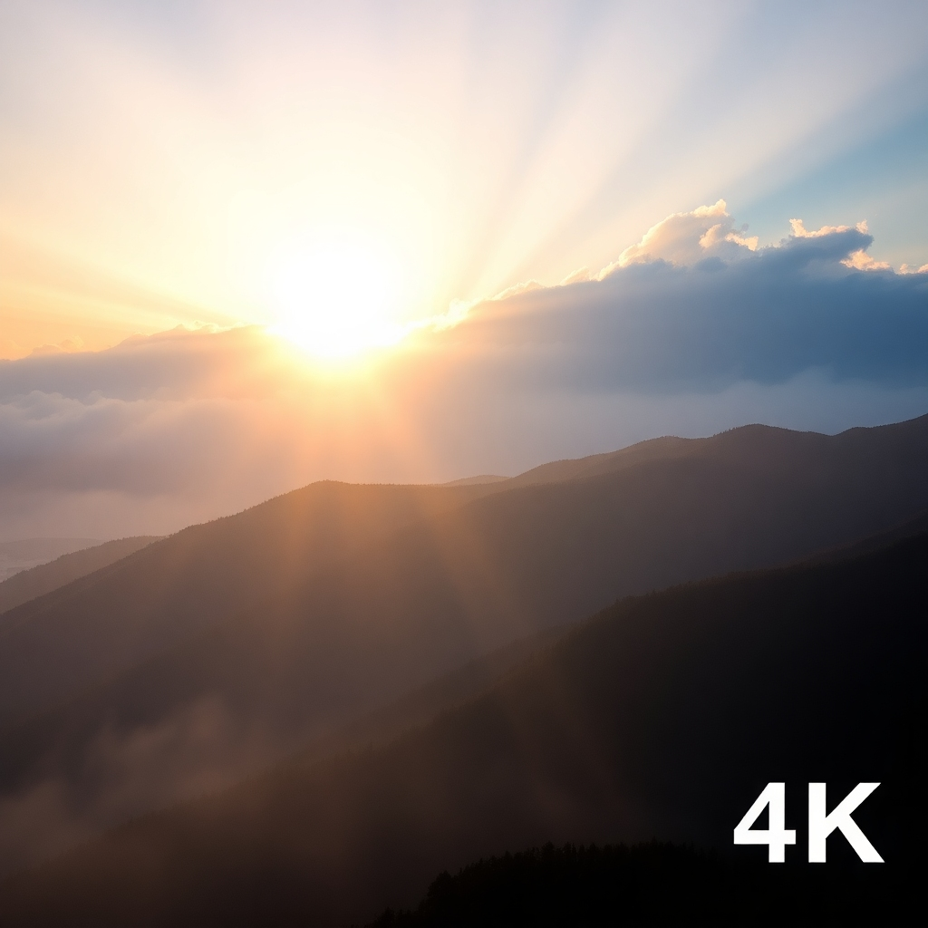 A sunrise over a misty mountain range. The sun's rays are piercing through the clouds, creating a breathtaking display of light and color. The mountains represent strength and resilience, while the sunrise symbolizes new beginnings and boundless energy. The overall feel is invigorating and uplifting, conveying a sense of hope and optimism. 4K resolution, high quality.
