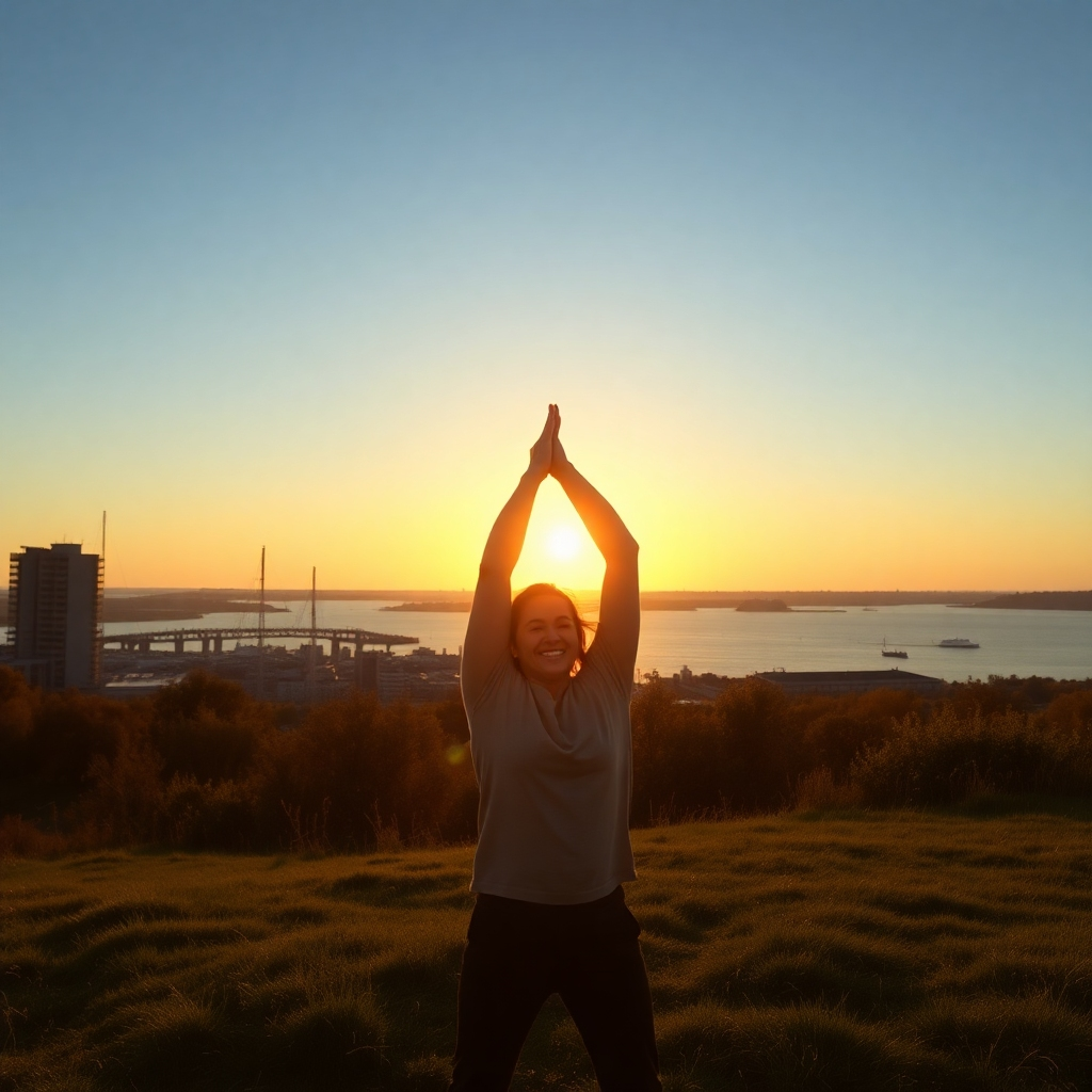 A sunrise over the Norfolk-Portsmouth waterfront, with a person stretching and smiling in the foreground. The image should convey a sense of energy, positivity, and well-being. Style: Photorealistic, landscape. Resolution: 4K.