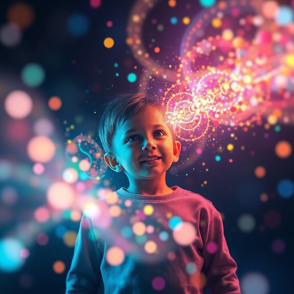 A surreal image where the child is surrounded by colorful, glowing particles that flow and connect. The style should be dreamy, surreal and hopeful, emphasizing the magical transformation happening in the child's learning journey. 