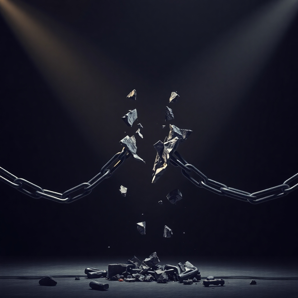 A symbolic image of chains breaking apart, representing the release from limiting beliefs. Use a dramatic lighting setup and a dark color palette to convey the intensity of breaking free.