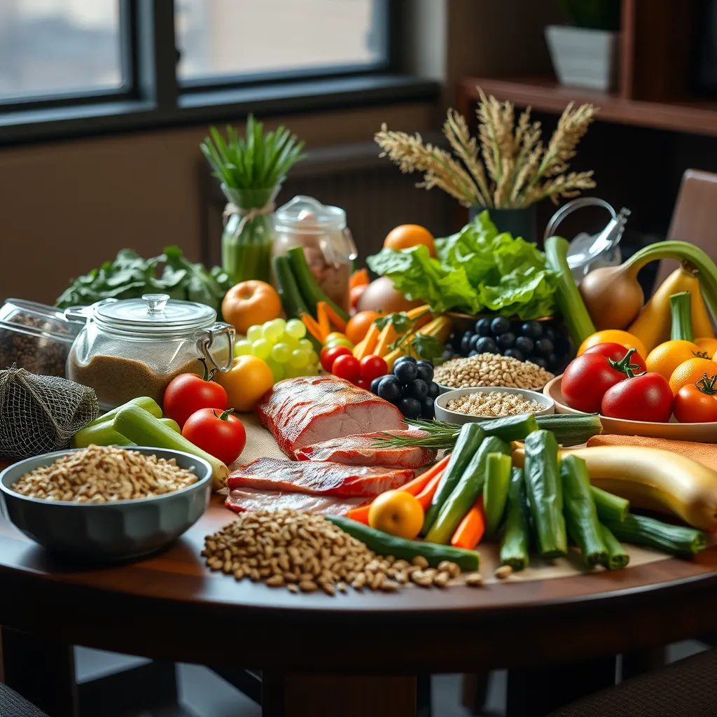 A table scene with a diverse selection of fruits, vegetables, lean protein, and whole grains, presented in a visually appealing and balanced manner. The image should emphasize a holistic approach to nutrition, highlighting the importance of a varied diet.