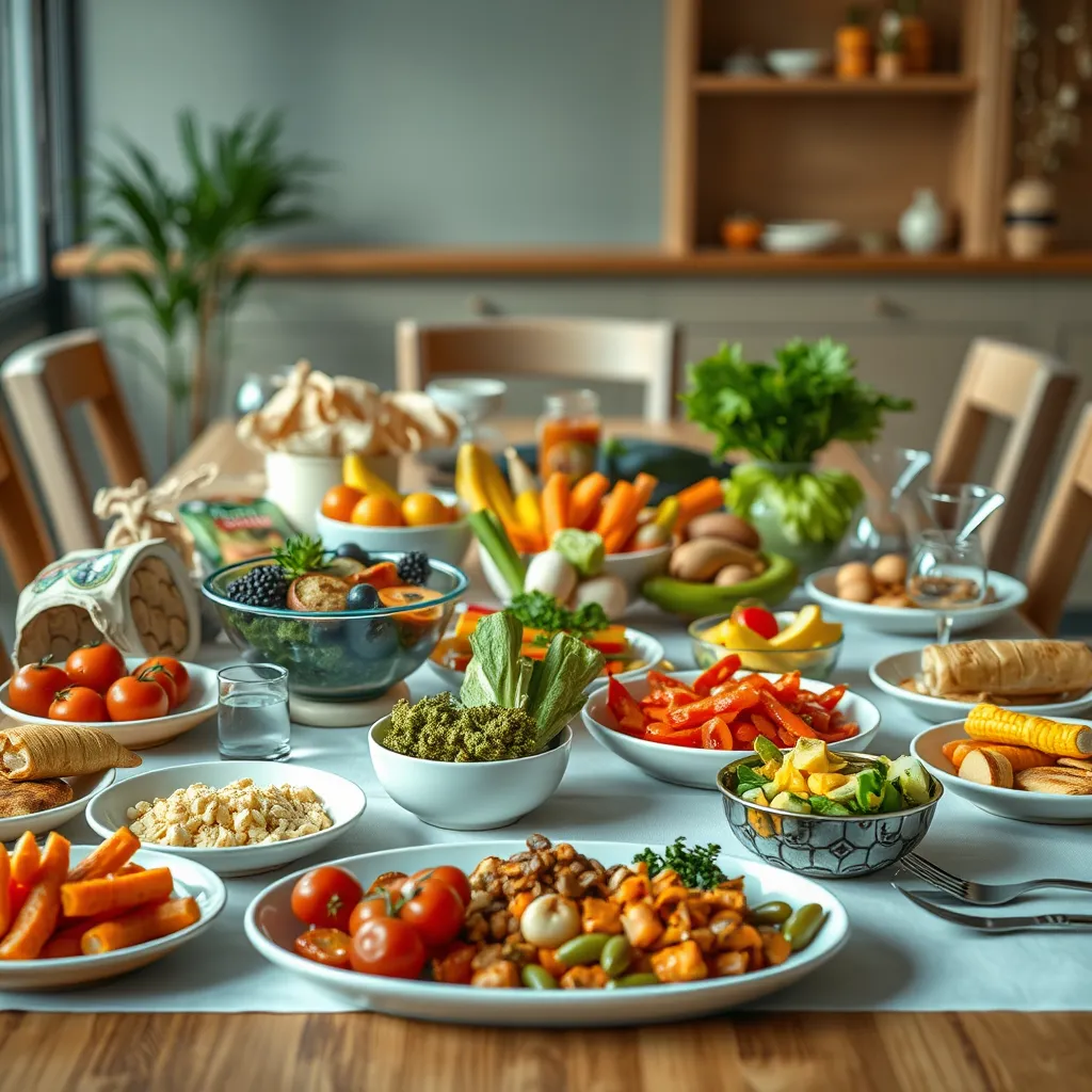 A table set for a meal with diverse and colorful food options, but with an emphasis on variety and individual choice. The table should be set for one person, highlighting the concept of personalized nutrition. The image should convey a sense of freedom and empowerment in choosing the right foods for one's individual needs.