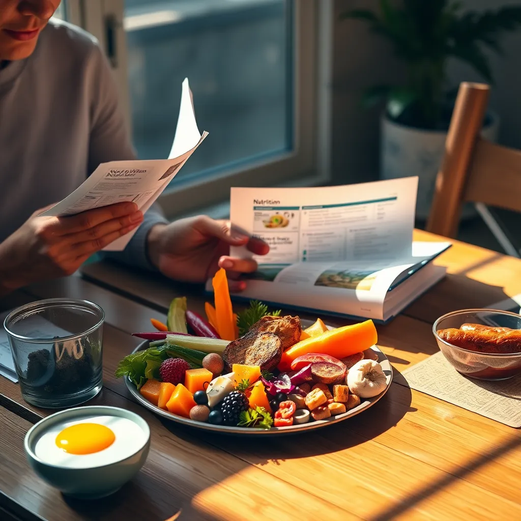 A table set with a plate of diverse and colorful vegan foods. A person is carefully studying a nutrition guide and a bottle of supplements. The scene is bathed in warm, natural light, emphasizing a sense of knowledge, careful planning, and mindful consumption.