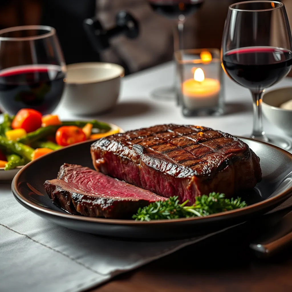 A table setting with a steaming plate of a juicy, medium-rare steak, accompanied by a side of vibrant, colorful vegetables and a glass of red wine. The focus should be on the steak, highlighting its richness and potential nutritional value for brain health.