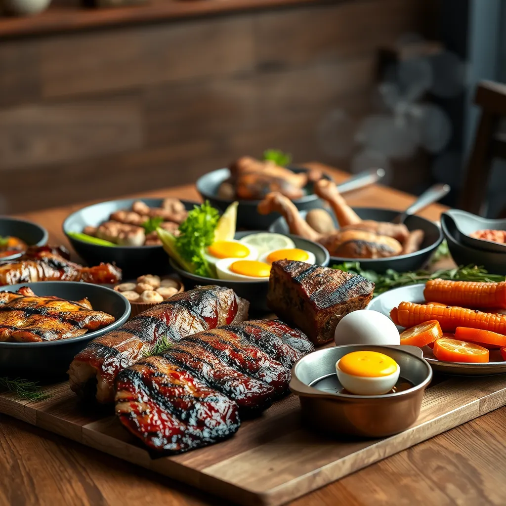 A table setting with a variety of grilled meats, poultry, eggs, and seafood. The background should be blurred, focusing on the food. The image should convey a sense of simplicity and focus on the core food groups of the carnivore diet.