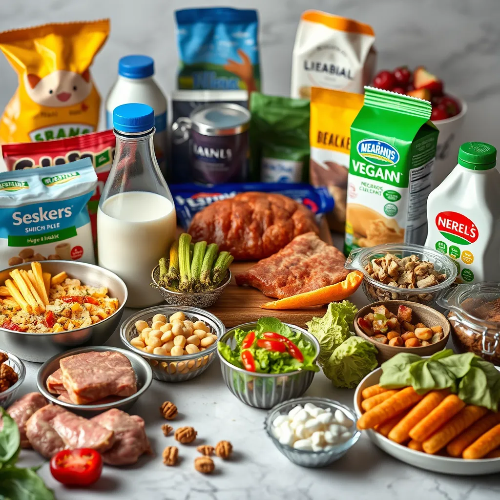 A table spread with a variety of plant-based food products, including vegan meat alternatives, dairy-free milk, and processed snacks. The image should highlight the high sugar content and unhealthy ingredients often found in these products, using vibrant colors and close-ups to emphasize the details.
