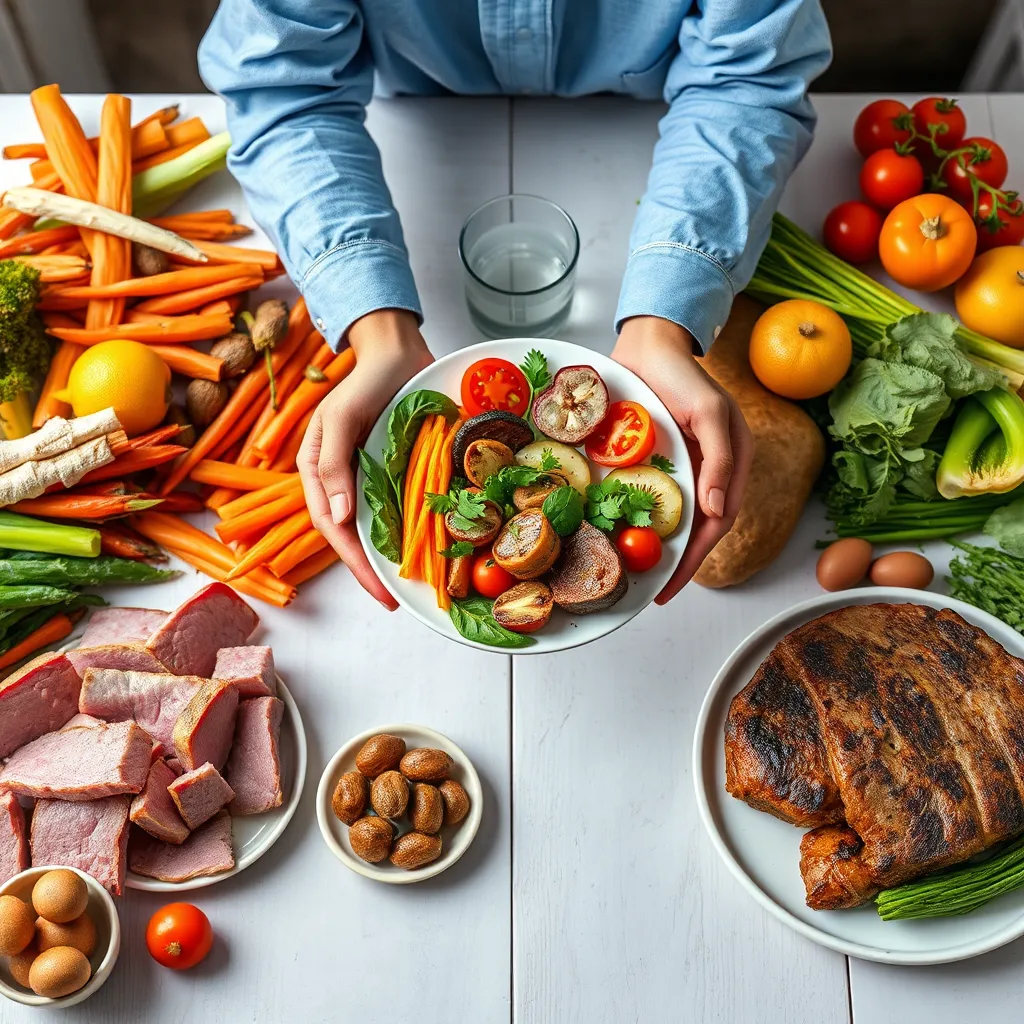 A table with two contrasting scenes: one side with a variety of colorful plant-based foods and the other with a selection of different meats. In the middle, a person holding a plate with a balanced mix of plant-based and animal-based foods, symbolizing the importance of a diverse and well-rounded diet.