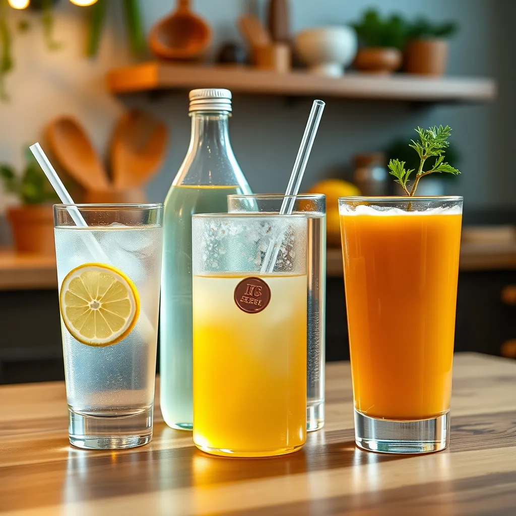 A table with various hydration options: a glass of lemon water with a slice of lemon, a bottle of coconut water with a straw, a glass of water with a copper coin at the bottom, and a glass of bone broth with a sprig of parsley. The background should be a vibrant, healthy kitchen scene.