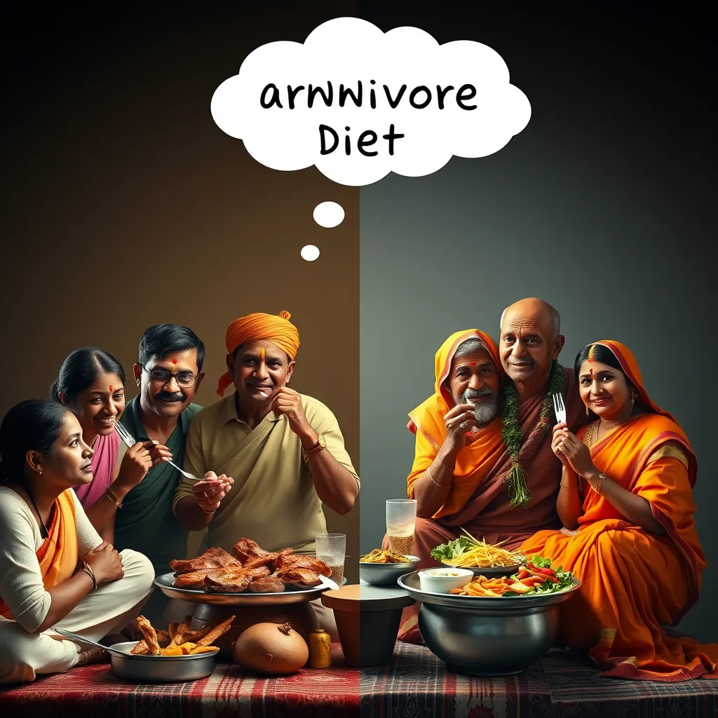 A thought-provoking image illustrating the contrasting views on the Carnivore Diet. One side shows a group of Indian individuals enjoying meat, while the other side depicts a traditional Indian family enjoying a vegetarian meal. Include a thought bubble above each group representing their respective beliefs about dietary choices.