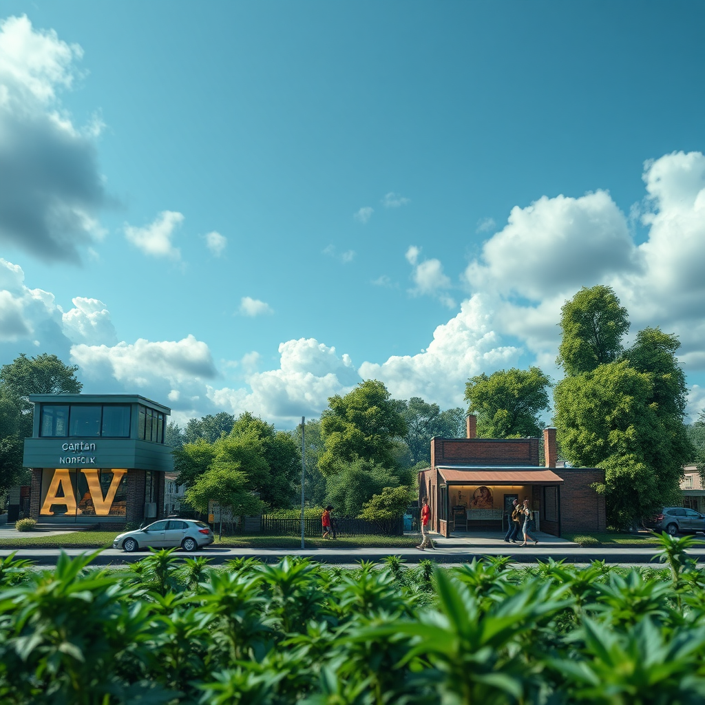 A time-lapse image depicting the evolution of Norfolk's cannabis landscape, starting with the emergence of gray market dispensaries and ending with potential future scenarios (legalization, stricter enforcement, etc.). This is a conceptual image. Technical Specs: 4K, high quality, futuristic design elements.