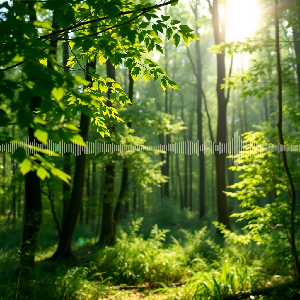 A tranquil forest scene with sunlight filtering through the trees. Embedded within the leaves and branches are faint KJV bible verses. The forest is filled with an ethereal, angelic glow and faint sound waves are visualized. Photorealistic style. 4K resolution.