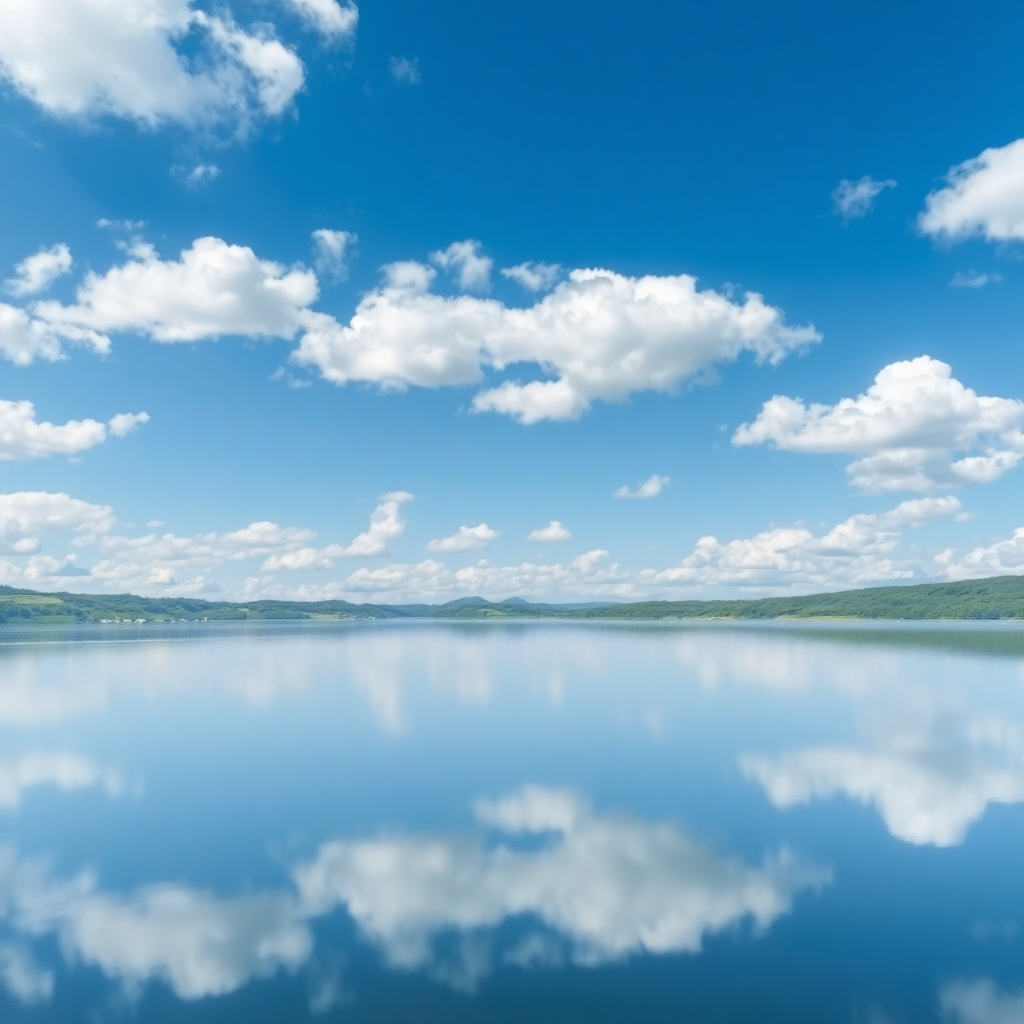 A tranquil scene of a still lake reflecting a clear blue sky. The water is calm and undisturbed, creating a sense of serenity and peace. The sky is filled with fluffy white clouds, adding to the overall sense of tranquility. The surrounding landscape is lush and green, providing a sense of grounding and connection with nature. 4K resolution, high quality.