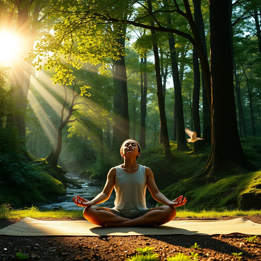 A tranquil scene with a person meditating in a serene forest setting. Sunlight filters through the trees, creating a warm glow. The person is sitting cross-legged on a mat, with their eyes closed and their hands resting on their lap. In the background, a lush forest with towering trees, a babbling stream, and birds chirping.