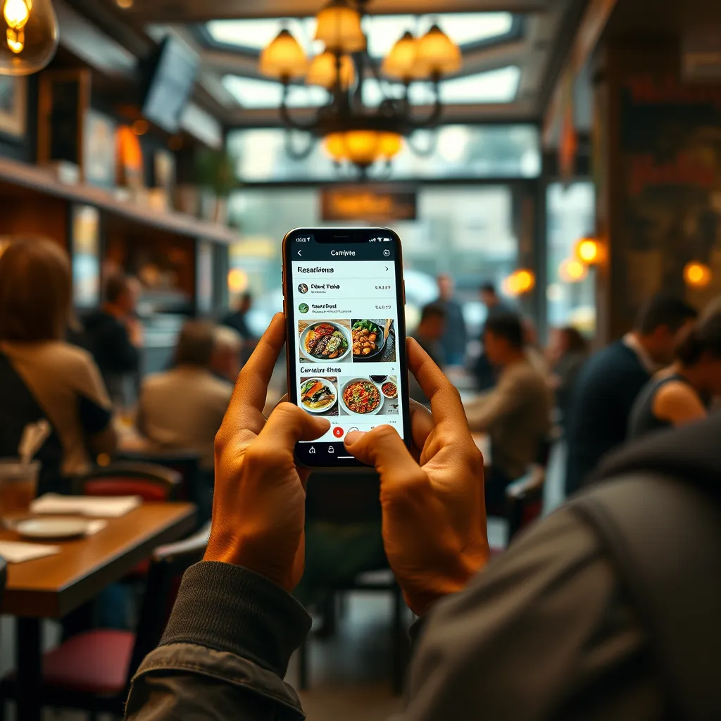 A traveler using a smartphone to browse through a restaurant menu on a food app, looking for a carnivore-friendly option, with a bustling restaurant scene in the background, warm lighting and a cozy atmosphere