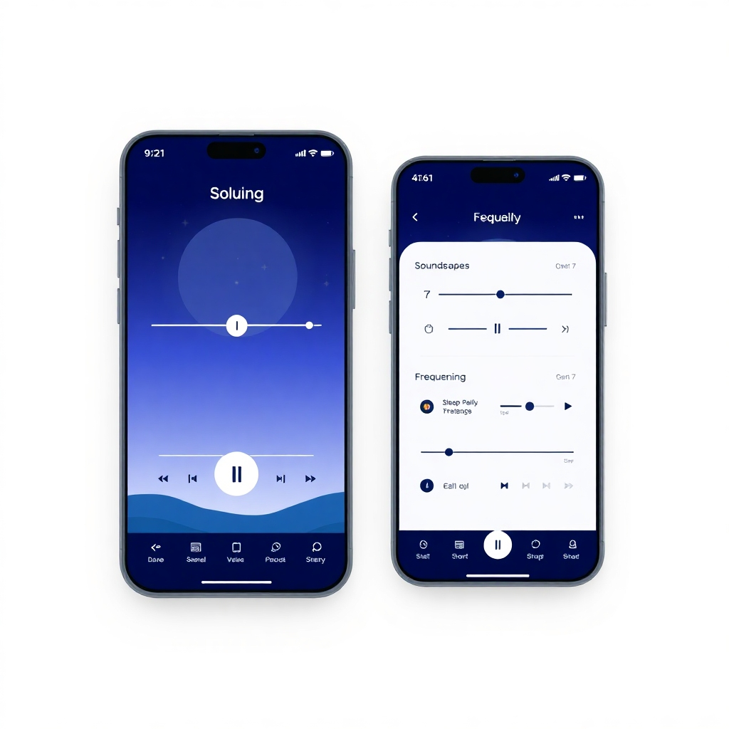 A user interface mockup for a sleep therapy app, featuring controls for adjusting volume levels, frequency settings, and soundscapes. The interface should be clean, intuitive, and visually appealing. Style: Digital, illustrative. Resolution: 4K.