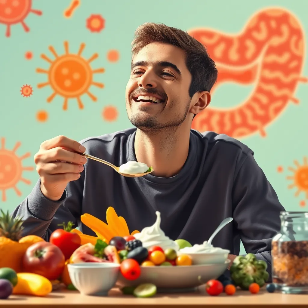 A vibrant, artistic illustration of a person enjoying a balanced meal with a mix of colorful fruits, vegetables, and fermented foods like yogurt. The image should focus on the diversity and quality of the food, emphasizing the importance of a holistic approach to gut health, with a subtle representation of happy gut bacteria in the background.