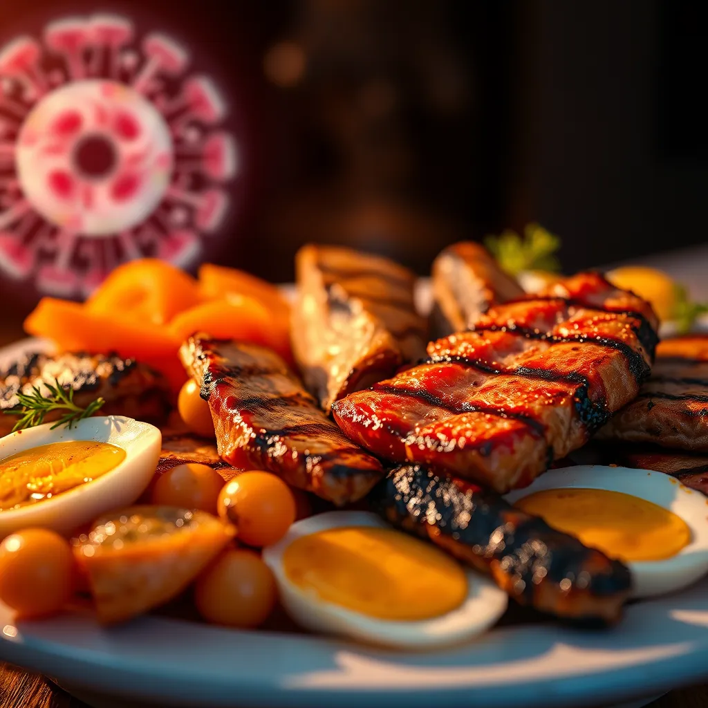 A vibrant, close-up image of a plate with a variety of grilled meats, fish, and eggs, arranged aesthetically. The image should have a warm, inviting glow, highlighting the rich colors and textures of the food. In the background, a subtle image of a human cell with a healthy, vibrant nucleus could be incorporated, representing the role of these nutrients in cellular health and cancer prevention.