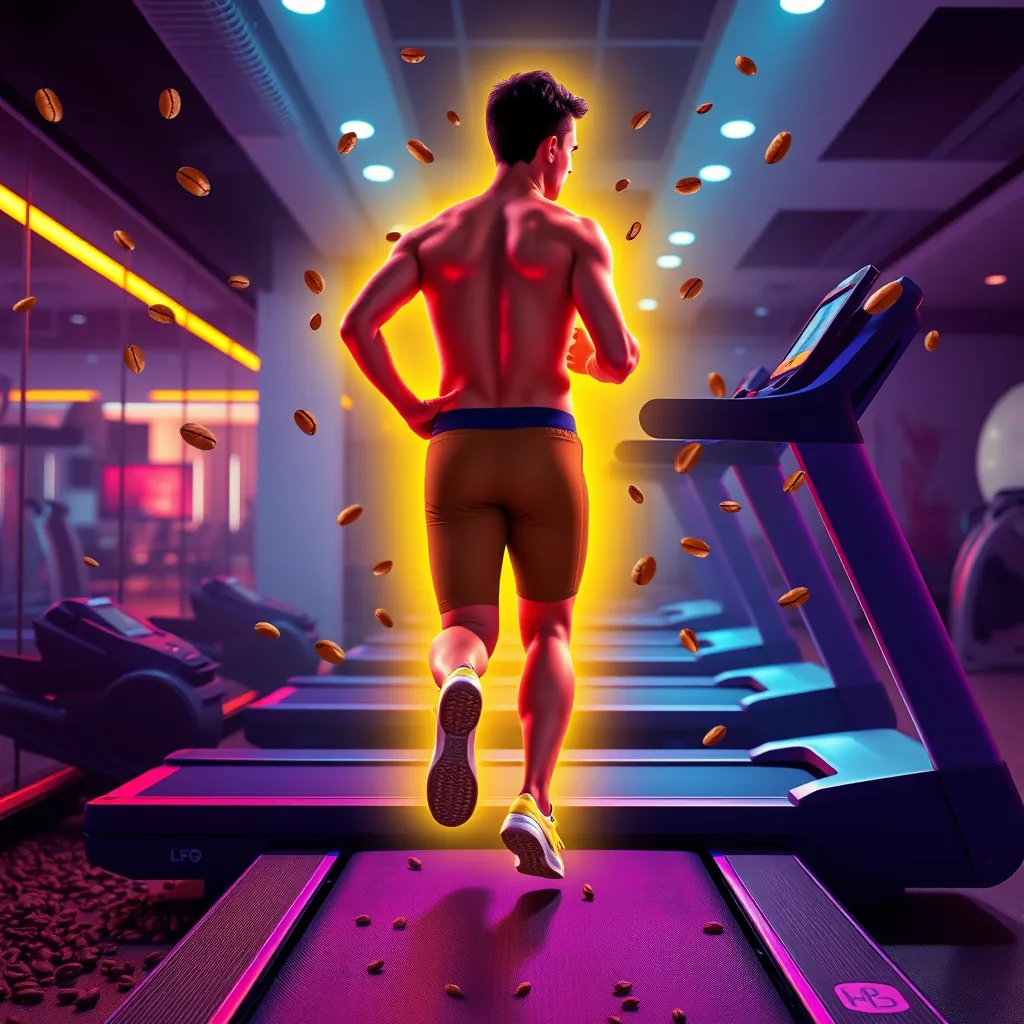 A vibrant, colorful illustration of a person exercising on a treadmill. Their body is outlined with a glowing, yellow aura, representing the increased fat oxidation process, with coffee beans scattered around them, symbolizing the effect of coffee on fat burning.
